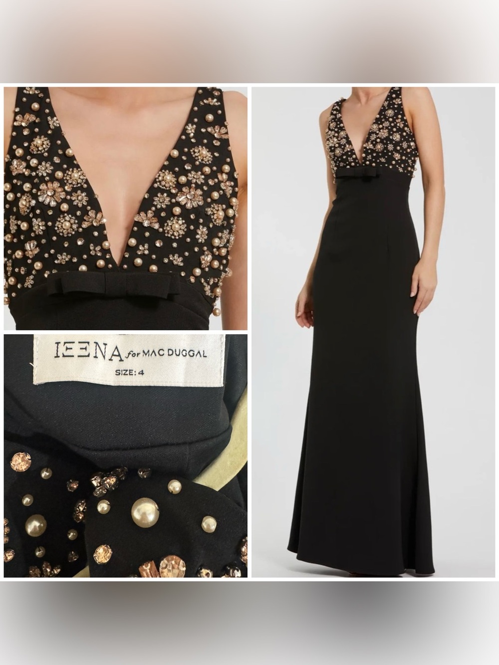 IEENAfor Mac Duggal Black Embellished V-Neck crepe Evening Gown with bow size 4